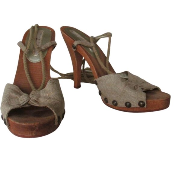 Stella McCartney Tan Wooden Platform Y2K High Heel Ankle Straps Lace Up Sandals - Picture 3 of 6